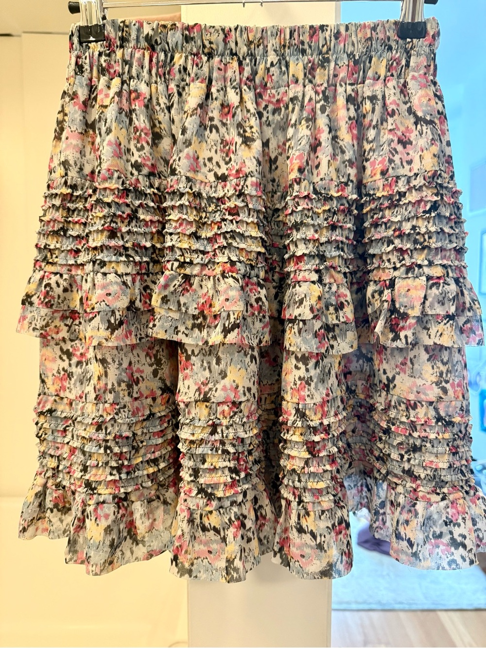 AllSaints Floral Tiered Ruffle Mini Skirt - Pink, Cream, Black
